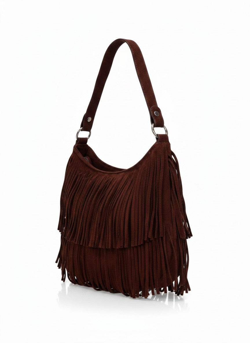 Bolsa hobo de hombro de flecos en gamuza – PATAGONIA