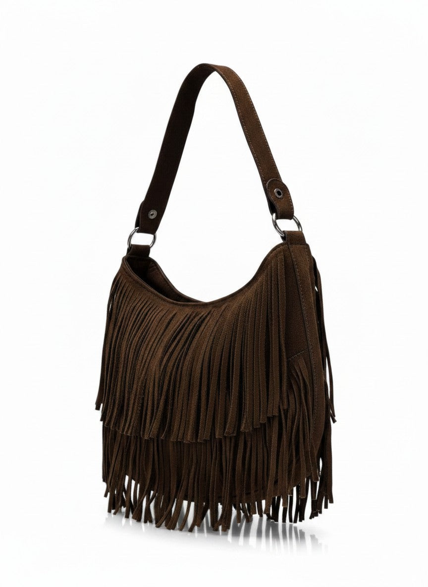 Bolsa hobo de hombro de flecos en gamuza – PATAGONIA