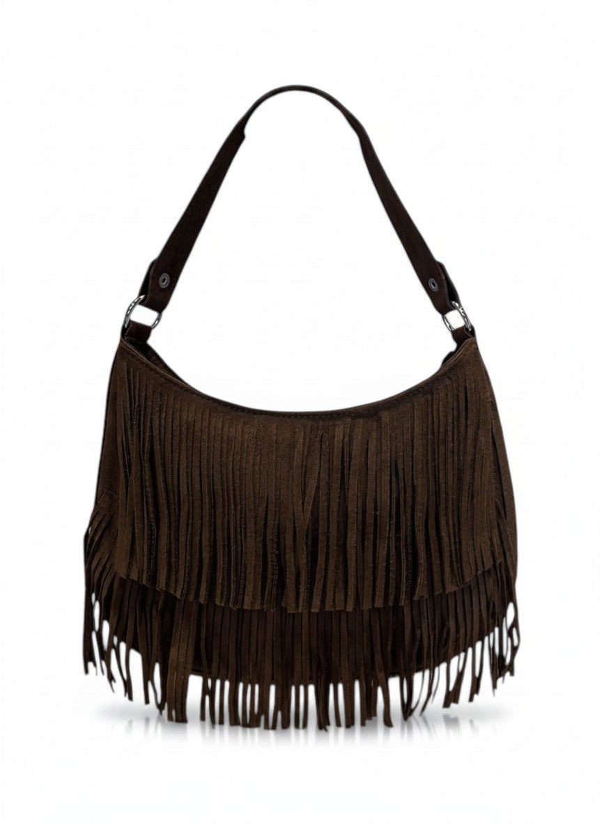 Bolsa hobo de flecos en gamuza – PATAGONIA color chocolate, DALALI MX