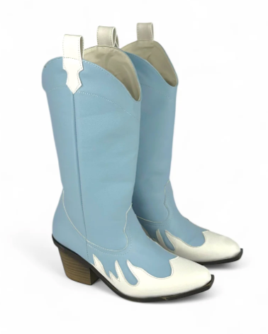 Bota vaquera rosa pastel bicolor con blanco, caña alta y tacón bloque 6.5 cm, marca DALALI, tallas 23 a 26