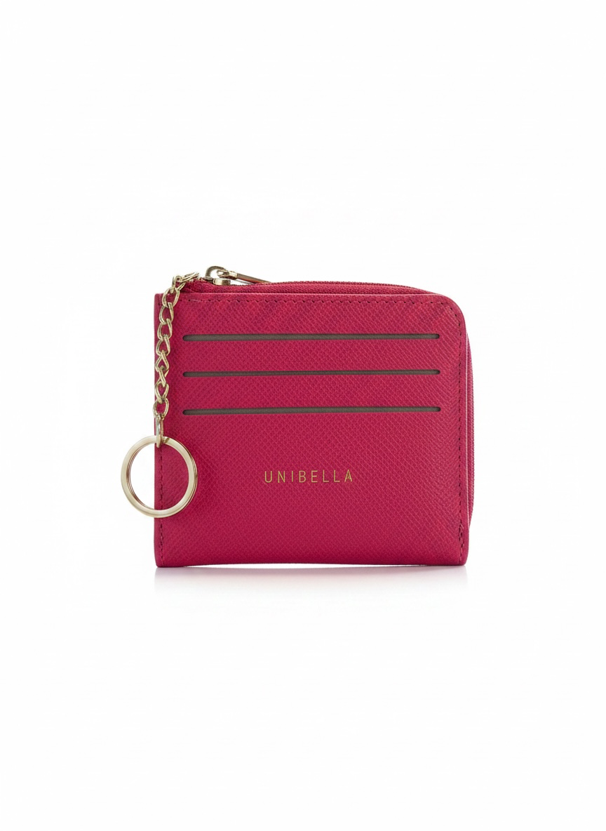 Tarjetero monedero fucsia tipo saffiano con zipper y cadena dorada llavero, marca DALALI