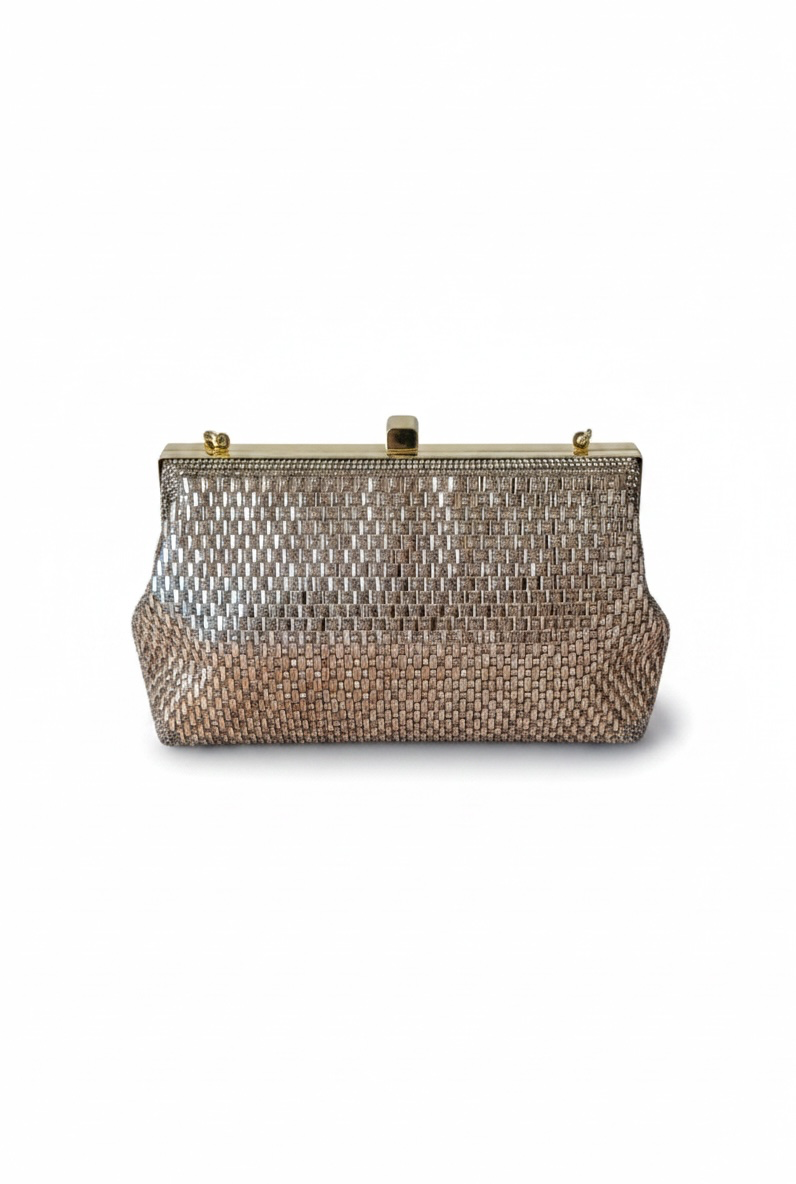 Clutch frame bag oro rosado con pedreria mosaico y cierre clip metalico, cadena desmontable, DALALI