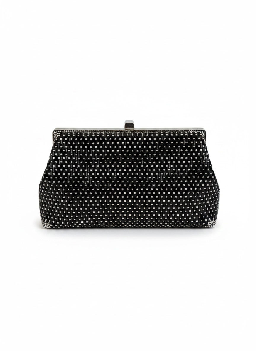 Clutch frame bag negro con pedreria mosaico bicolor y cierre clip metalico, cadena desmontable, DALALI