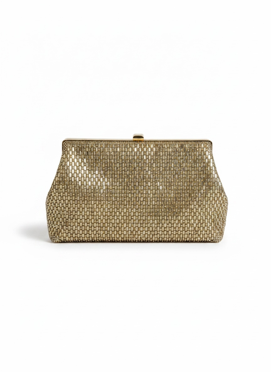Clutch frame bag dorado con pedreria mosaico bicolor y cierre clip metalico, cadena desmontable, DALALI