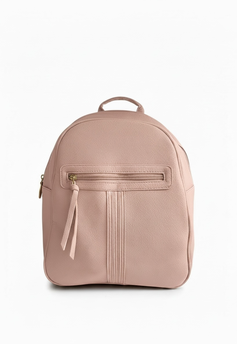 Mochila mediana de cuero sintetico pebbled rosa con bolsillo frontal y herrajes dorados, marca DALALI