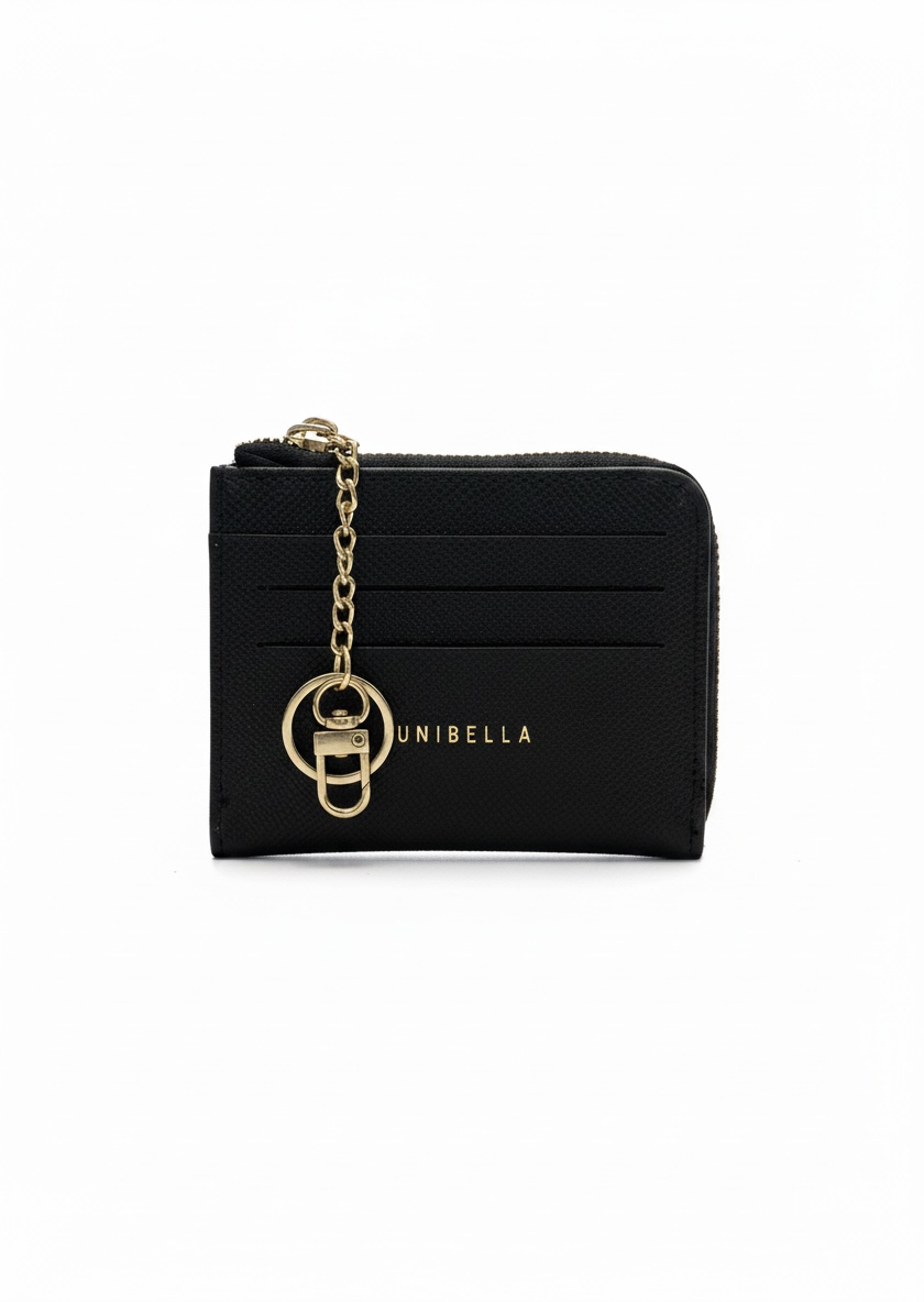 Tarjetero monedero negro tipo saffiano con zipper y cadena dorada llavero, marca DALALI