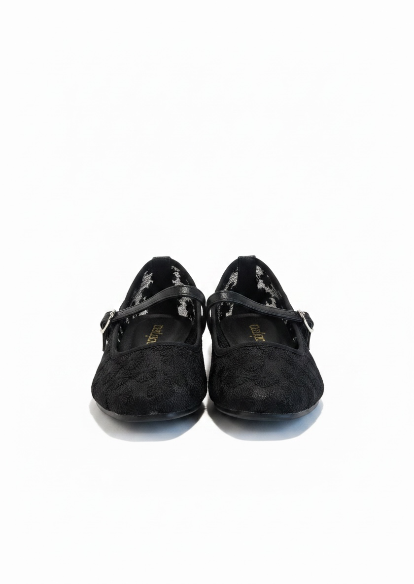 Flats tipo bailarina de tela floral negros – VENECIA
