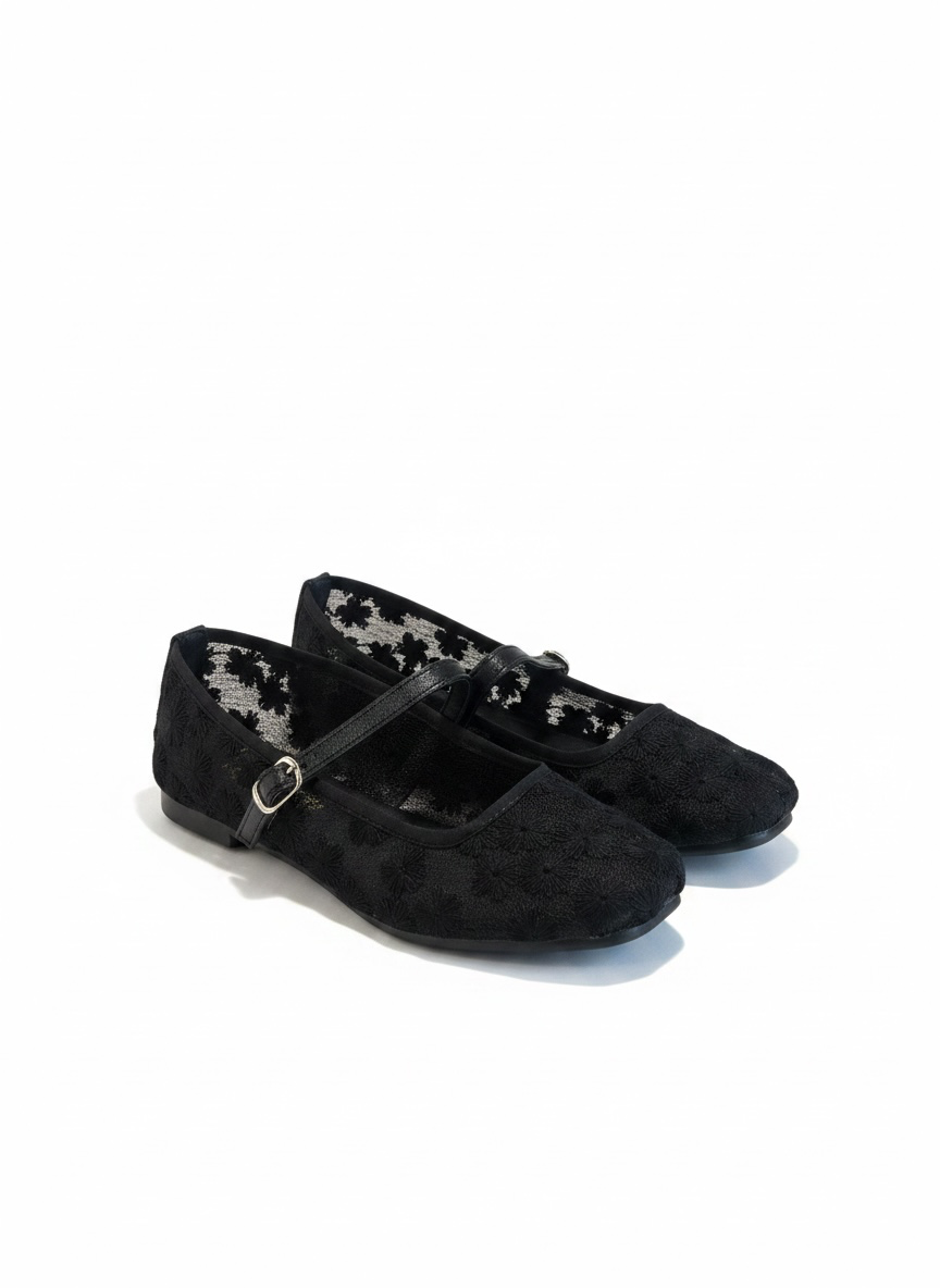 Flats tipo bailarina de tela floral negros – VENECIA