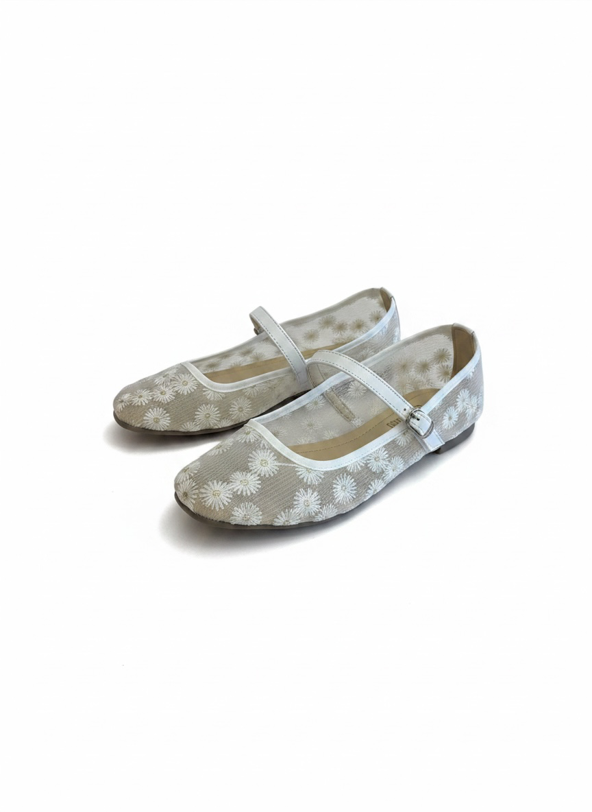 Flats tipo bailarina de malla bordado margaritas blancos – MARGARITA