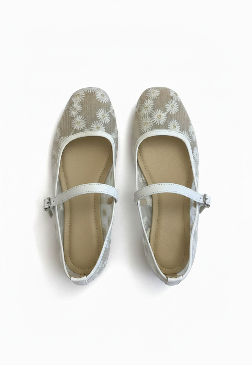 Flats tipo bailarina de malla bordado margaritas blancos – MARGARITA