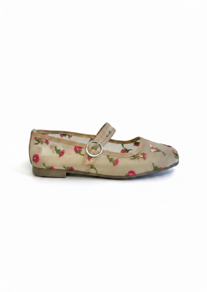 Flats tipo bailarina malla bordado floral beige PROVENZA – DALALI