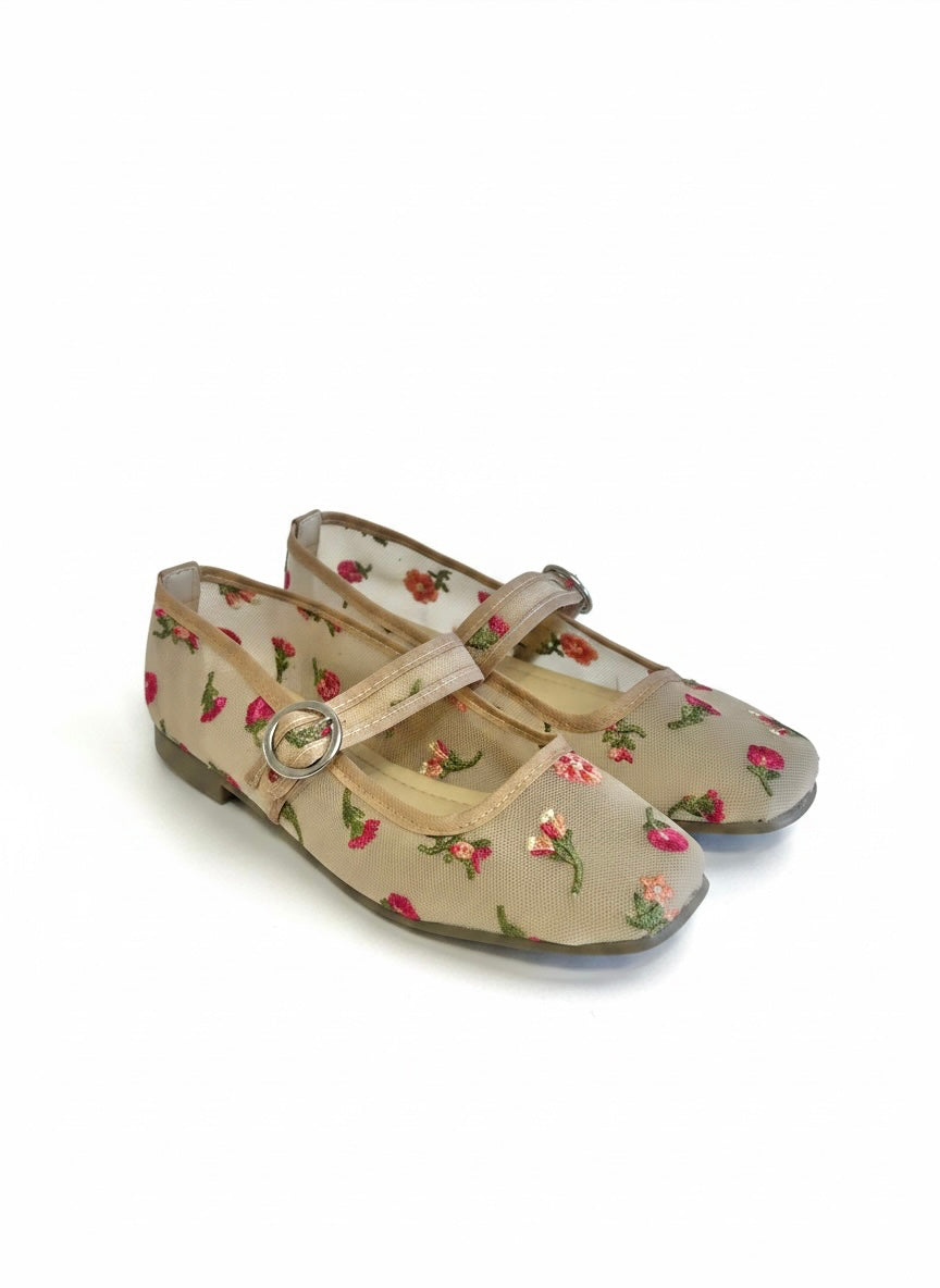 Flats tipo bailarina malla bordado floral beige PROVENZA – DALALI