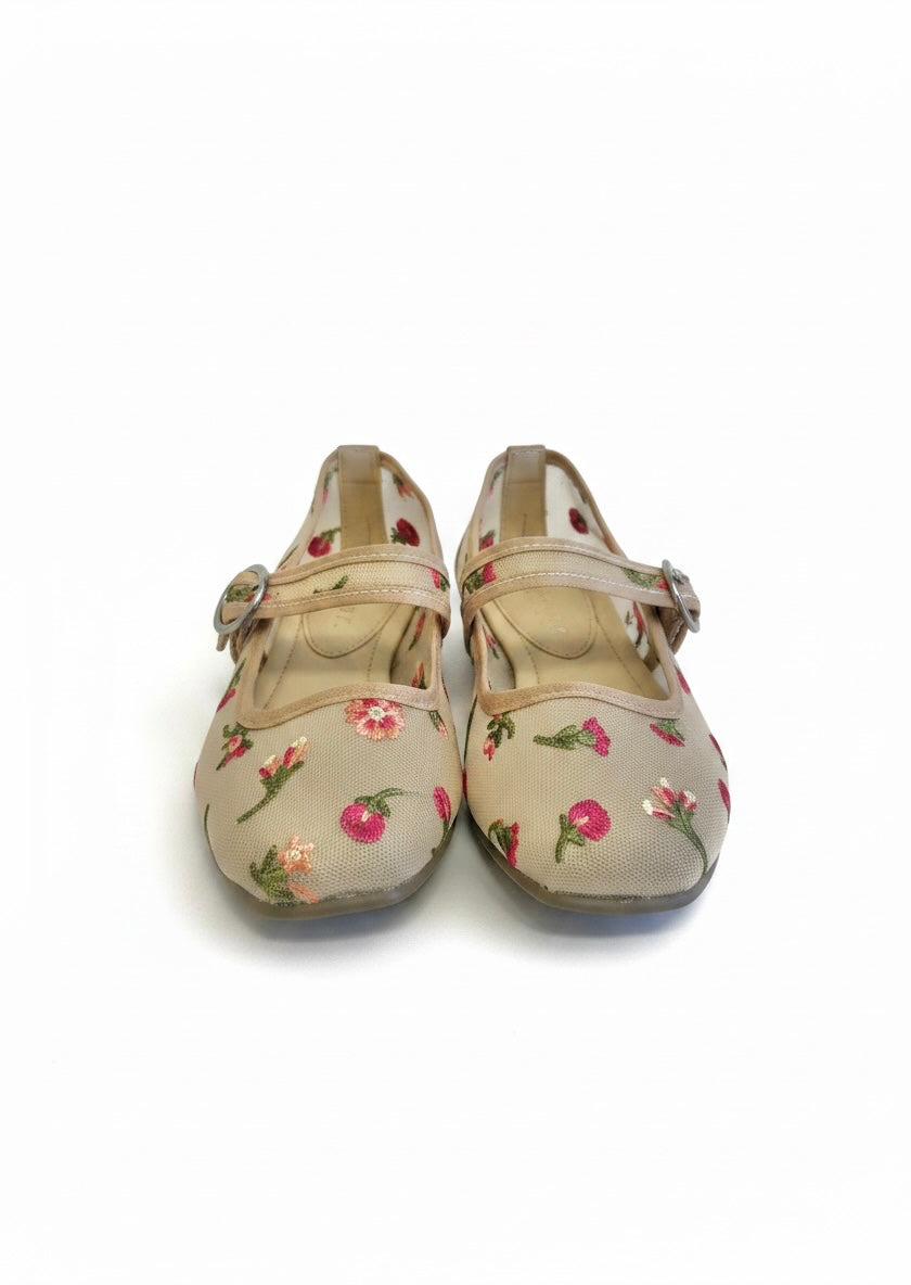 Flats tipo bailarina malla bordado floral beige PROVENZA – DALALI