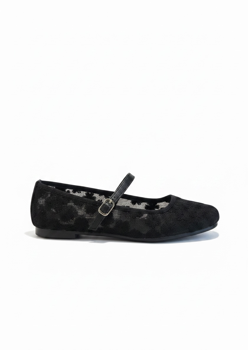 Flats tipo bailarina de tela floral negros VENECIA – DALALI