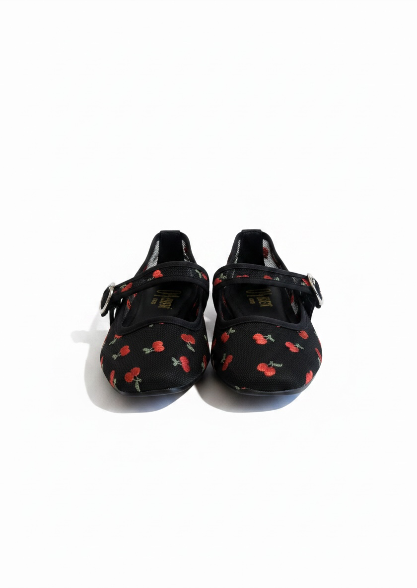 Flats tipo bailarina de malla bordado cerezas negros – CEREZA