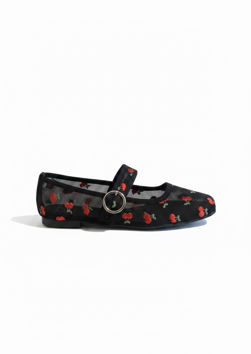 Flats tipo bailarina malla bordado cerezas negros CEREZA – DALALI