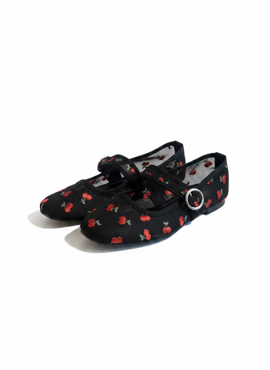 Flats tipo bailarina de malla bordado cerezas negros – CEREZA
