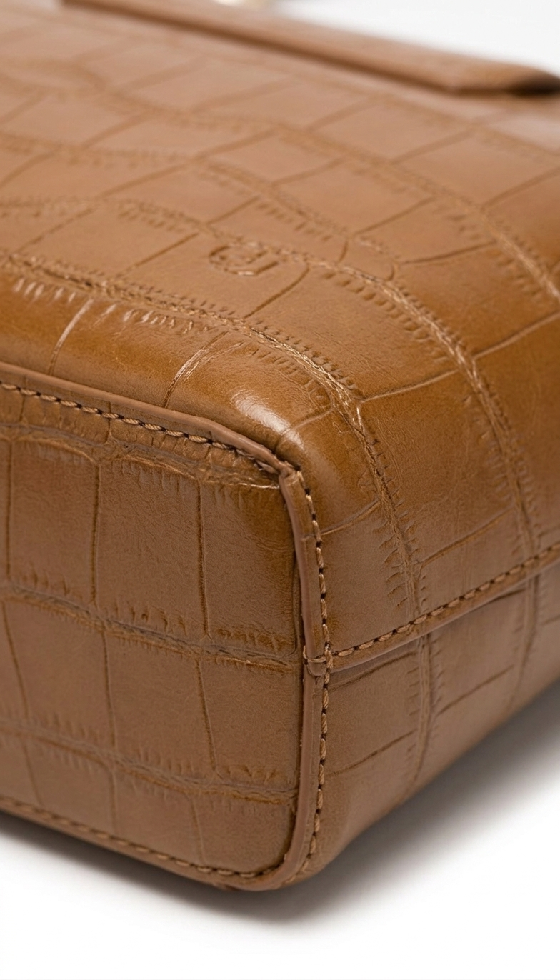 Bolsa de hombro café textura cocodrilo con solapa, botón imán y herrajes dorados – DALALI