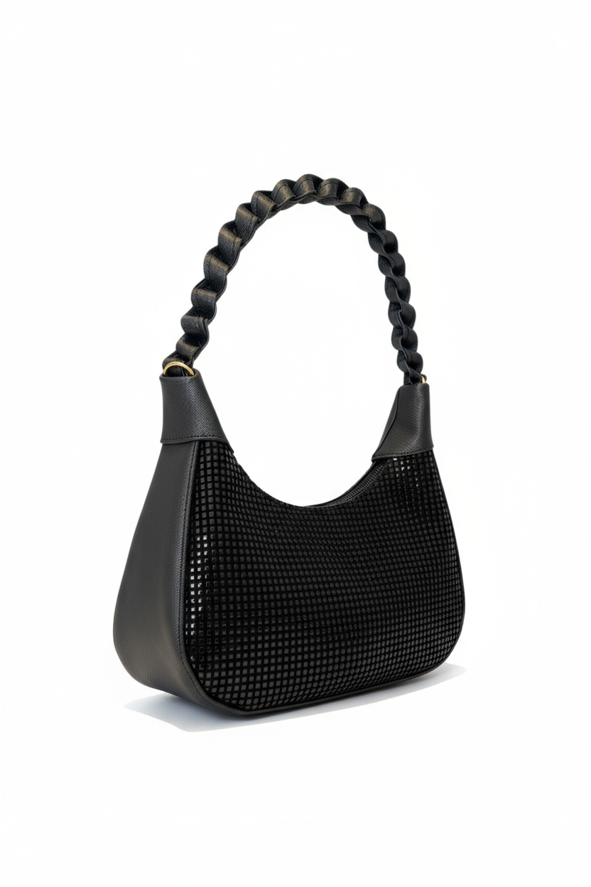 ISLA – Bolsa mini tipo hobo con asa trenzada y brillo elegante