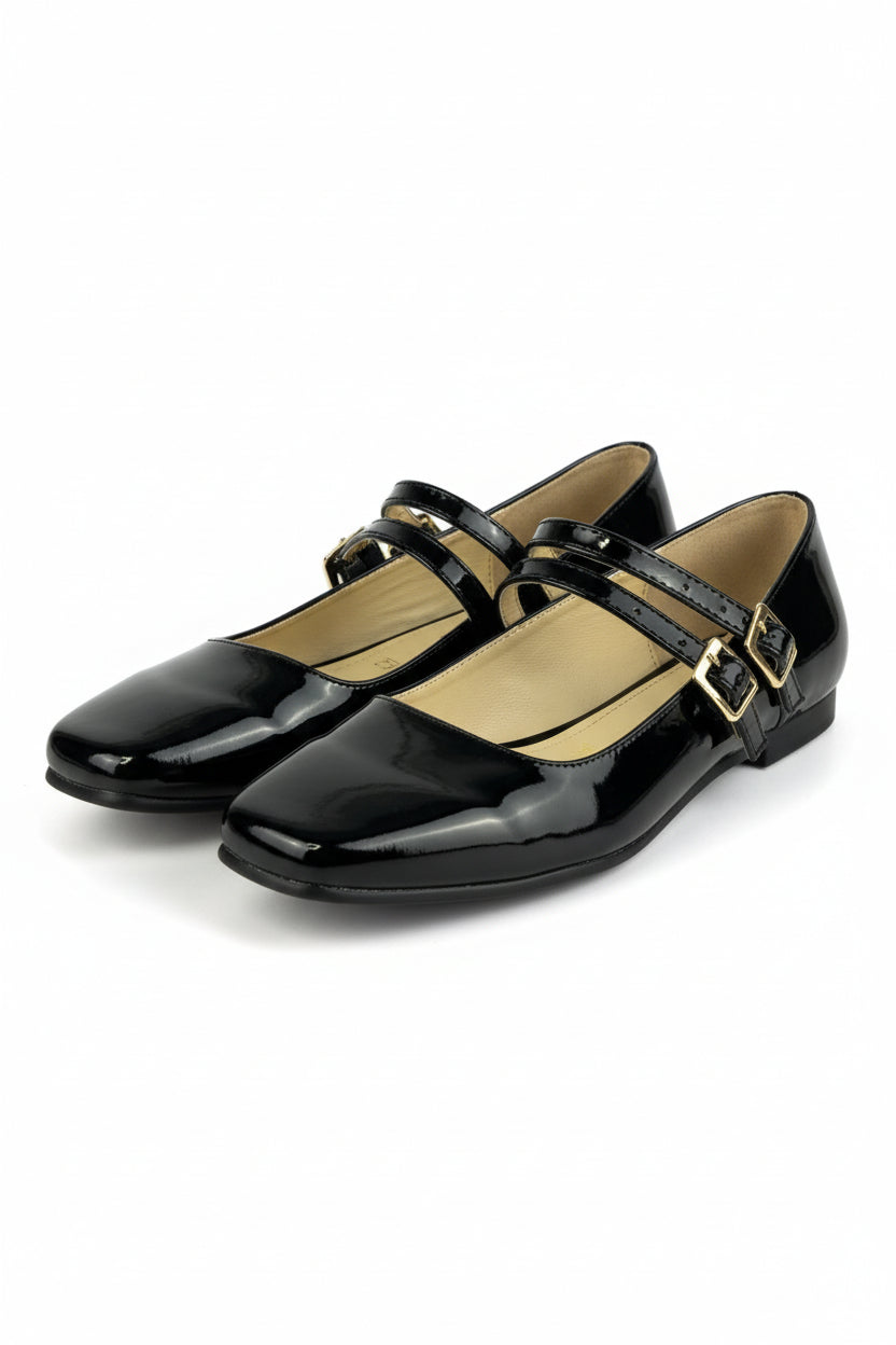 Mary Jane charol negro con doble tira y hebilla dorada, tacón bajo 1 cm, marca DALALI, tallas 23 a 26