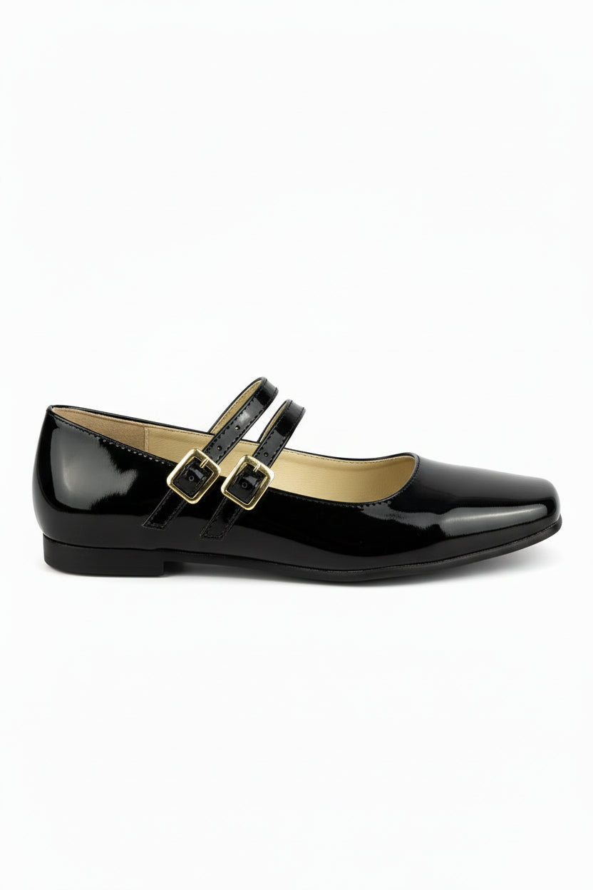 Mary Jane charol negro con doble tira y hebilla dorada, tacón bajo 1 cm, marca DALALI, tallas 23 a 26