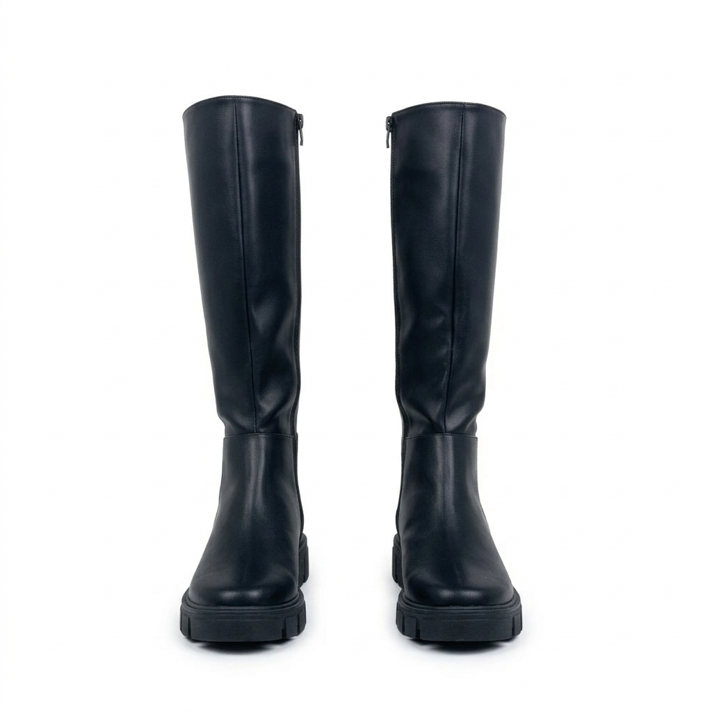 Bota alta negra caña larga 36 cm con suela chunky 4 cm y punta cuadrada, marca DALALI, tallas 23 a 26