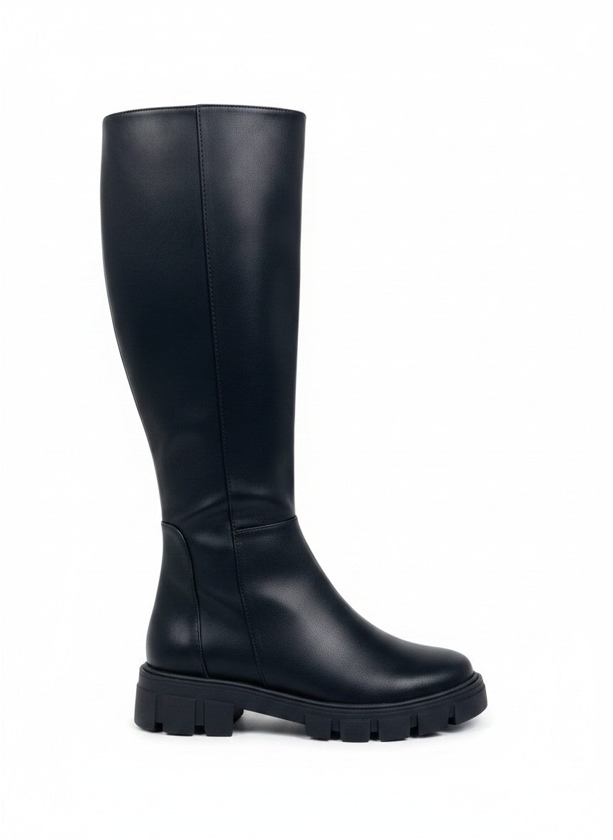 Bota alta negra caña larga 36 cm con suela chunky 4 cm y punta cuadrada, marca DALALI, tallas 23 a 26