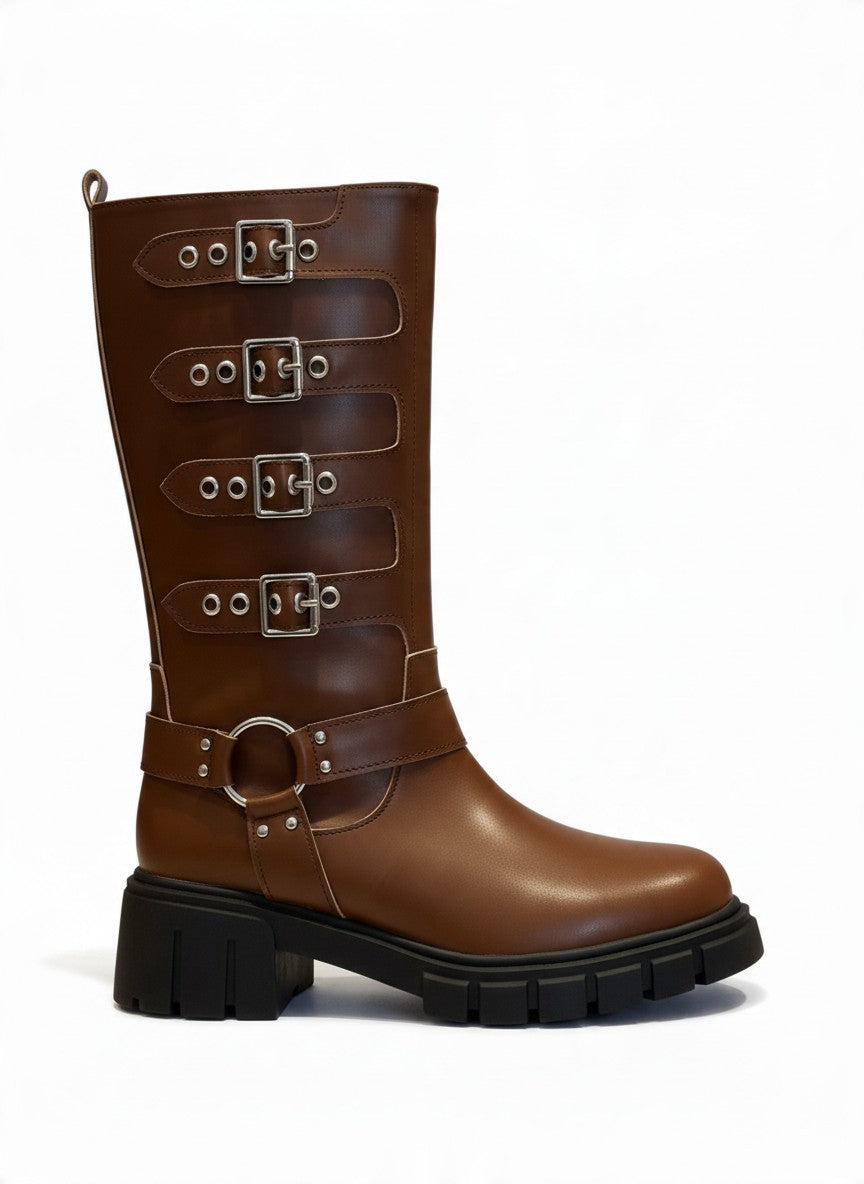 Bota alta estilo biker para mujer con hebillas y plataforma – BILBAO