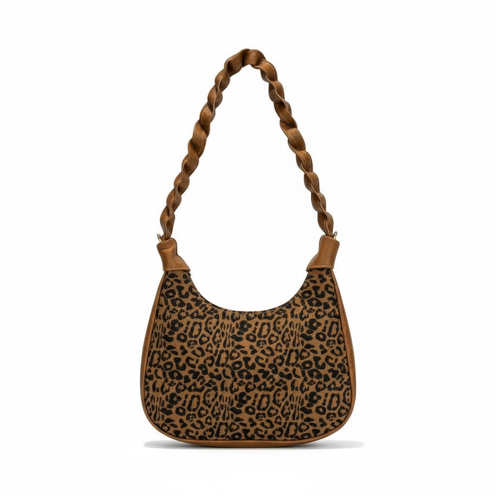 ALESSIA - Bolsa mini de forma media luna con asa trenzada y estampado animal print