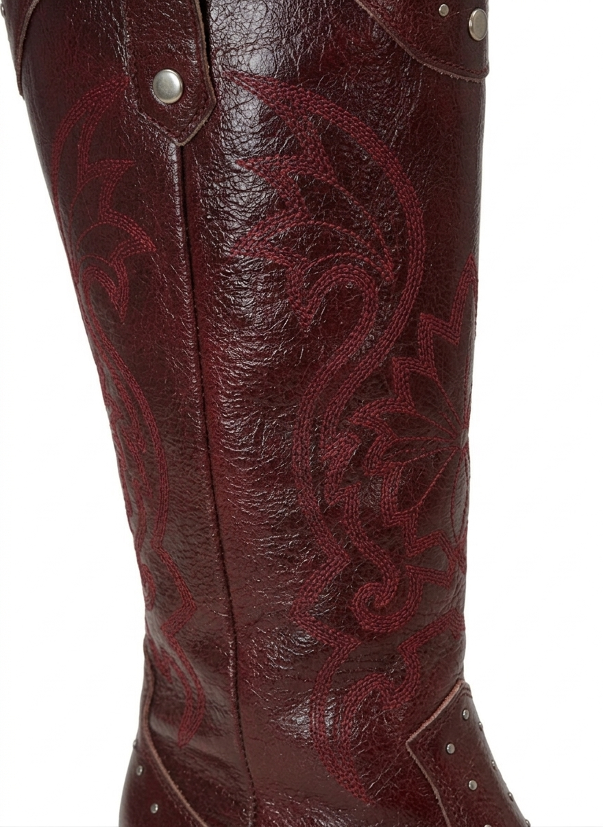 Bota vaquera vino caña alta con bordado tonal, tachuelas plateadas y tacón bloque 8 cm, marca DALALI