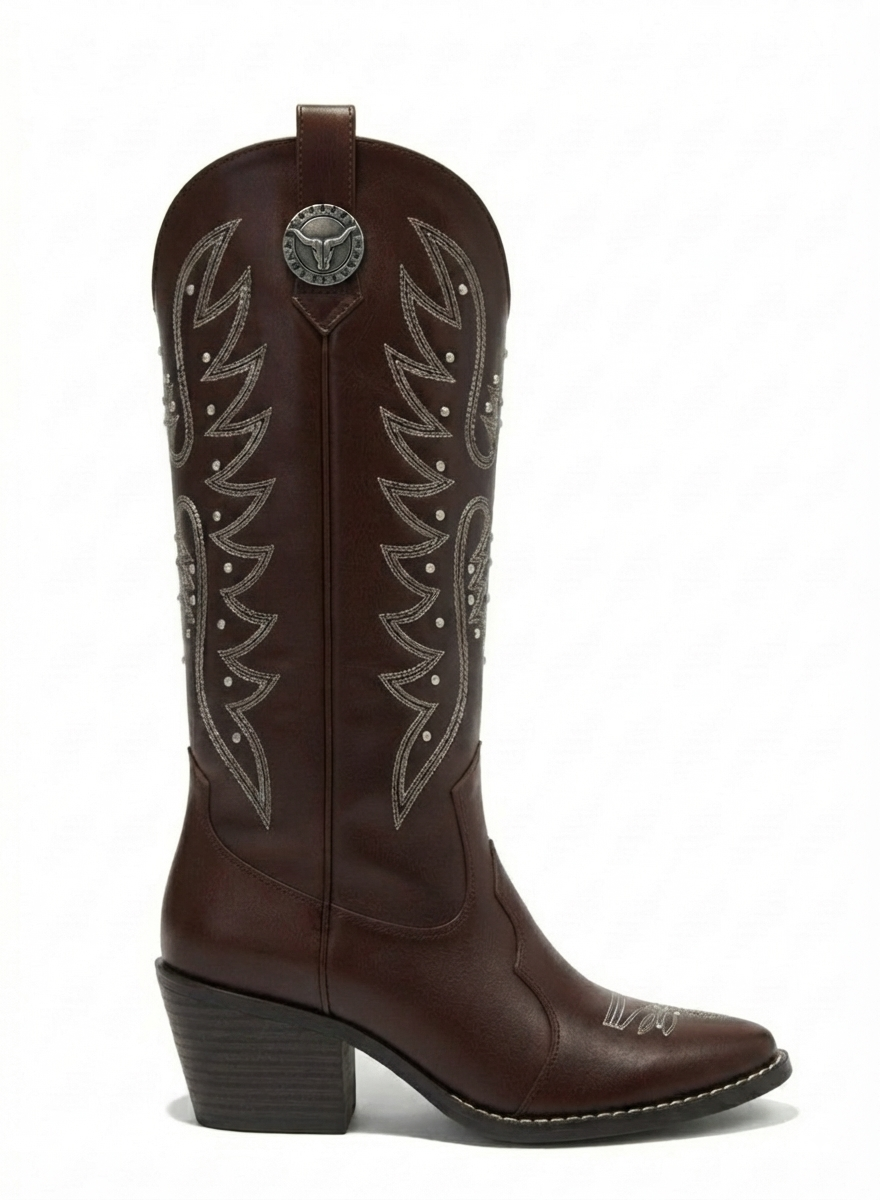 Bota vaquera negra bordado western con tachuelas tacón bloque – HERRADURA