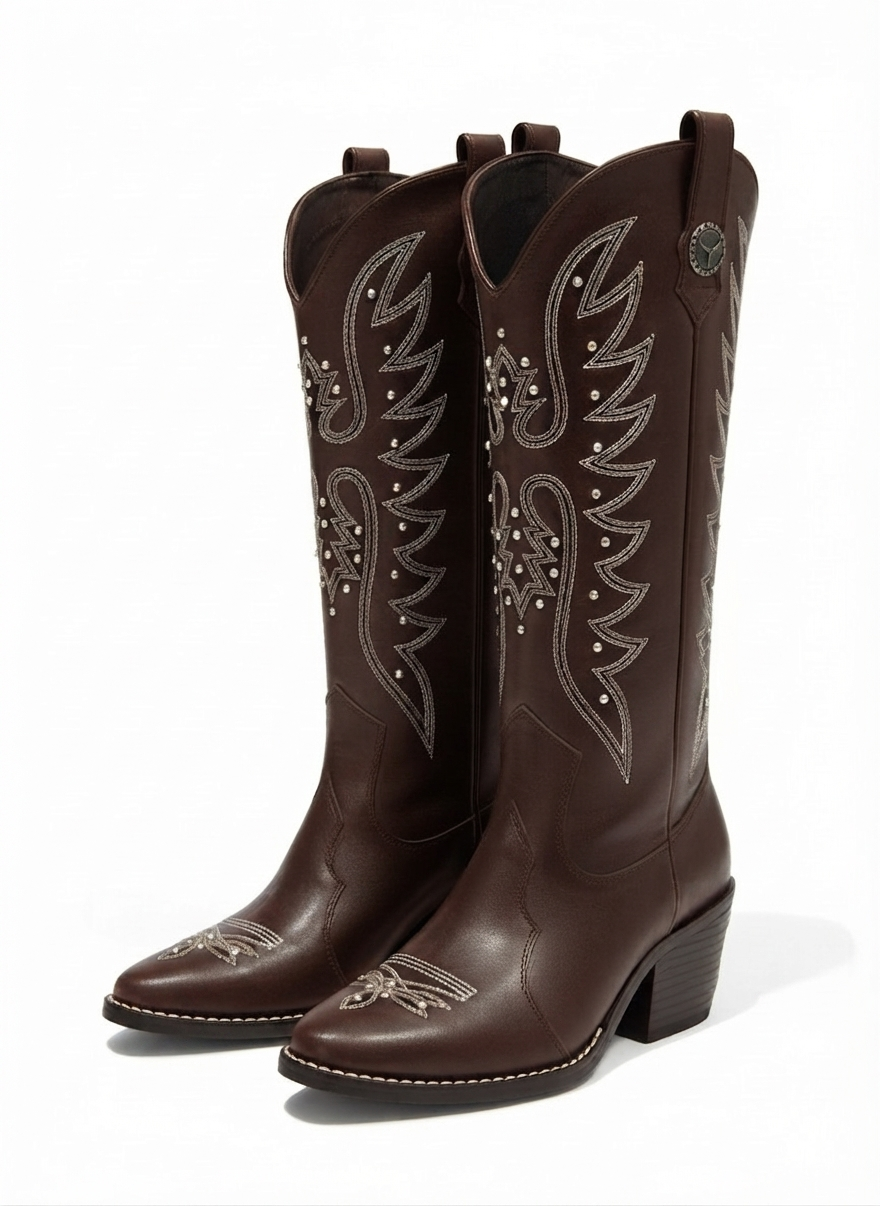 Bota vaquera negra bordado western con tachuelas tacón bloque – HERRADURA