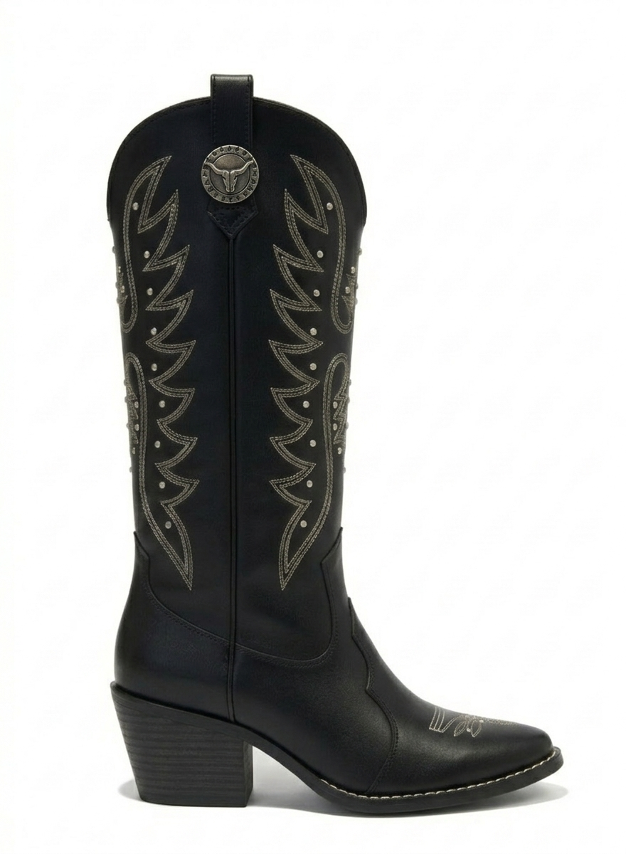 Bota vaquera negra caña alta con bordado western, tachuelas y tacón bloque 7 cm, marca DALALI, tallas 23 a 26