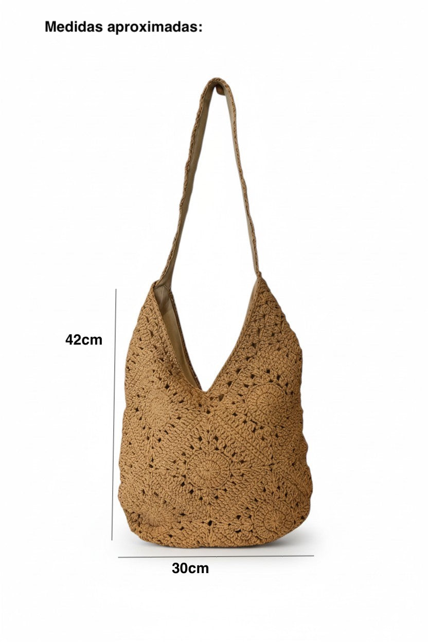 Bolsa de hombro hobo tejida crochet café con patrón floral y correa trenzada – DALALI