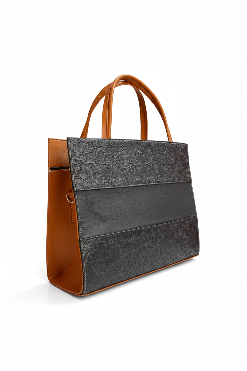 CATALINA – Bolsa estructurada con grabado floral y asas en contraste