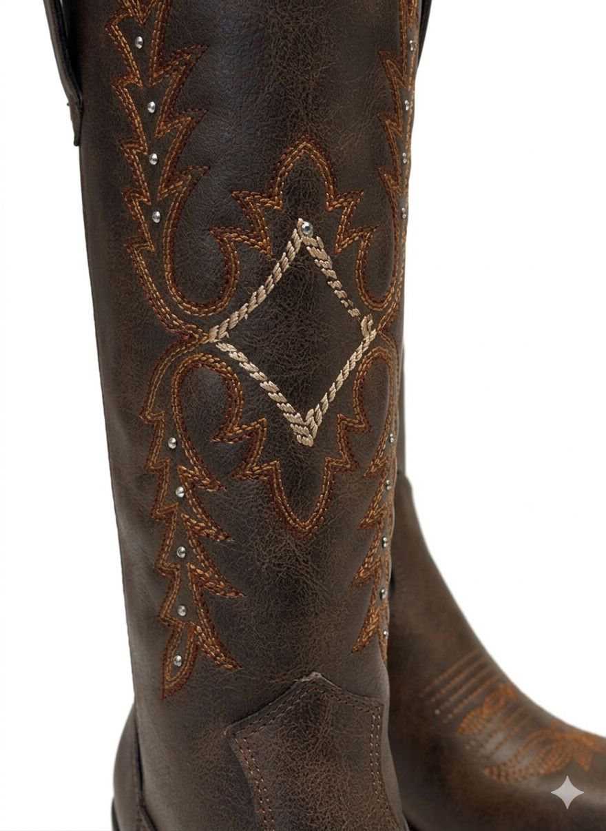 Bota vaquera café caña alta con bordado multicolor terracota y tacón bloque 8 cm, marca DALALI, tallas 23 a 26