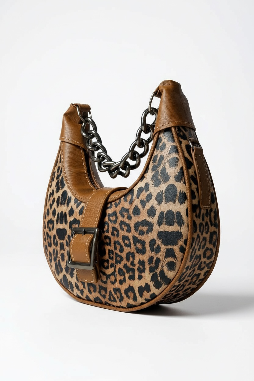 ZAFIRA— Bolsa estilo hobo con estampado animal y cadena