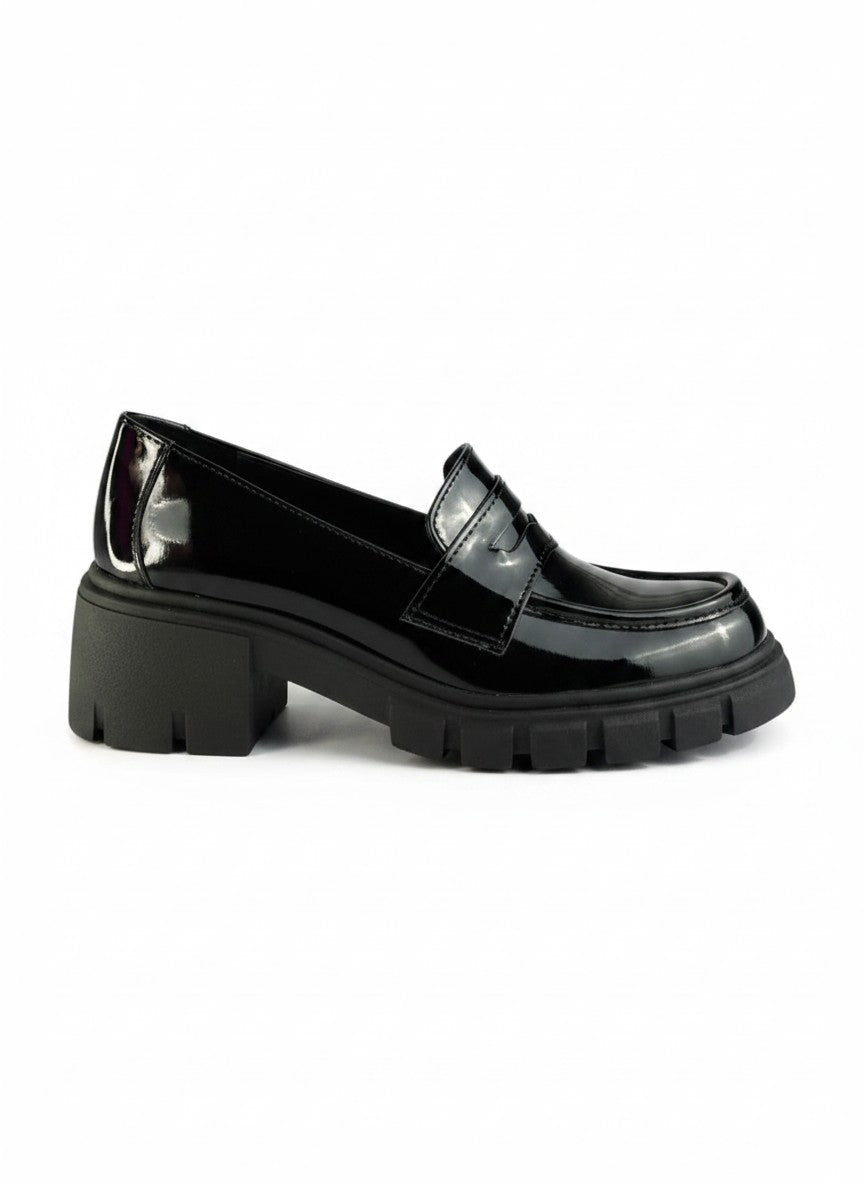 Mocasín charol negro plataforma chunky tacón bloque elegante – LUNETTE