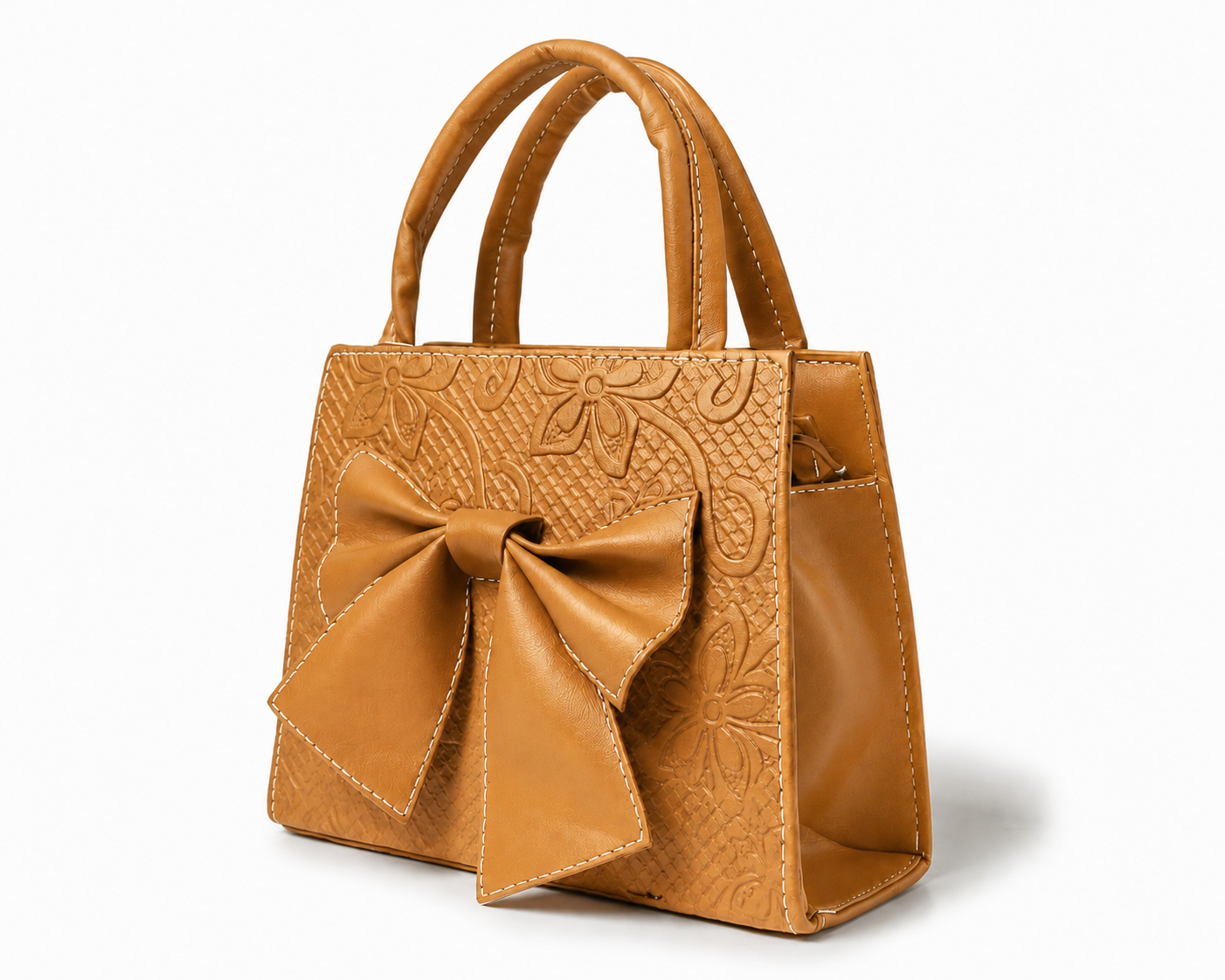 MAGNOLIA - Bolsa mini de doble asa con moño al frente y delicado grabado floral.