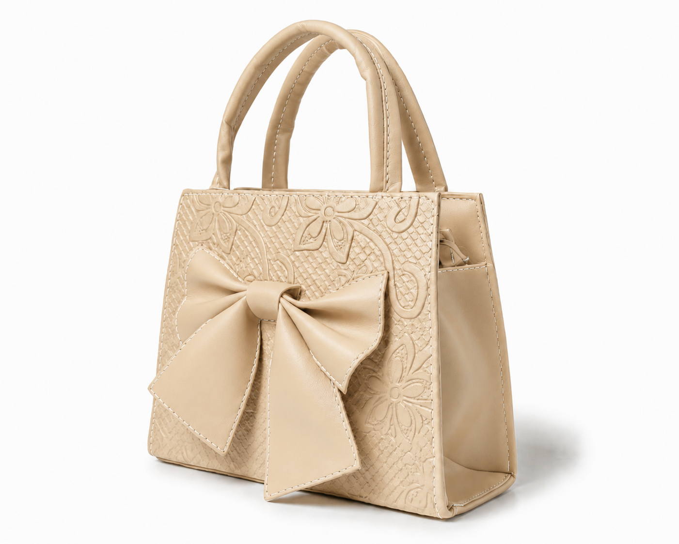 MAGNOLIA - Bolsa mini de doble asa con moño al frente y delicado grabado floral.