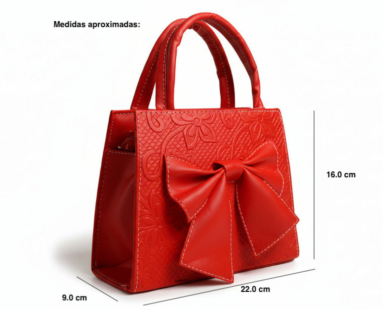 MAGNOLIA - Bolsa mini de doble asa con moño al frente y delicado grabado floral.