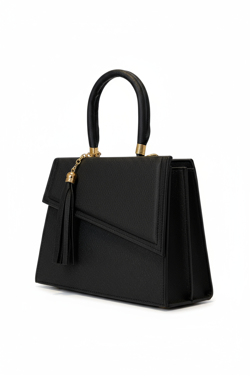 MARFIL – Bolsa pequeña estructurada  con solapa asimétrica y detalle dorado