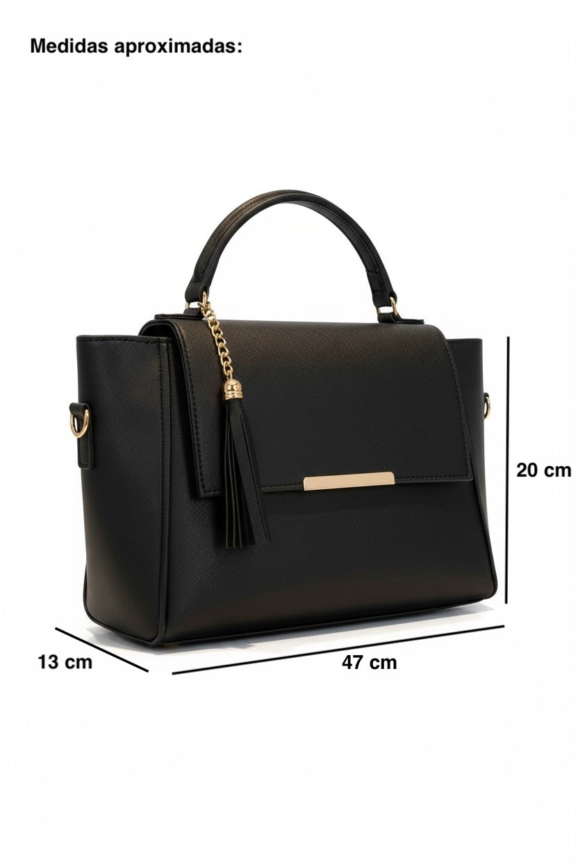 ALMA – Bolso estructurado con correa desmontable y detalle decorativo dorado