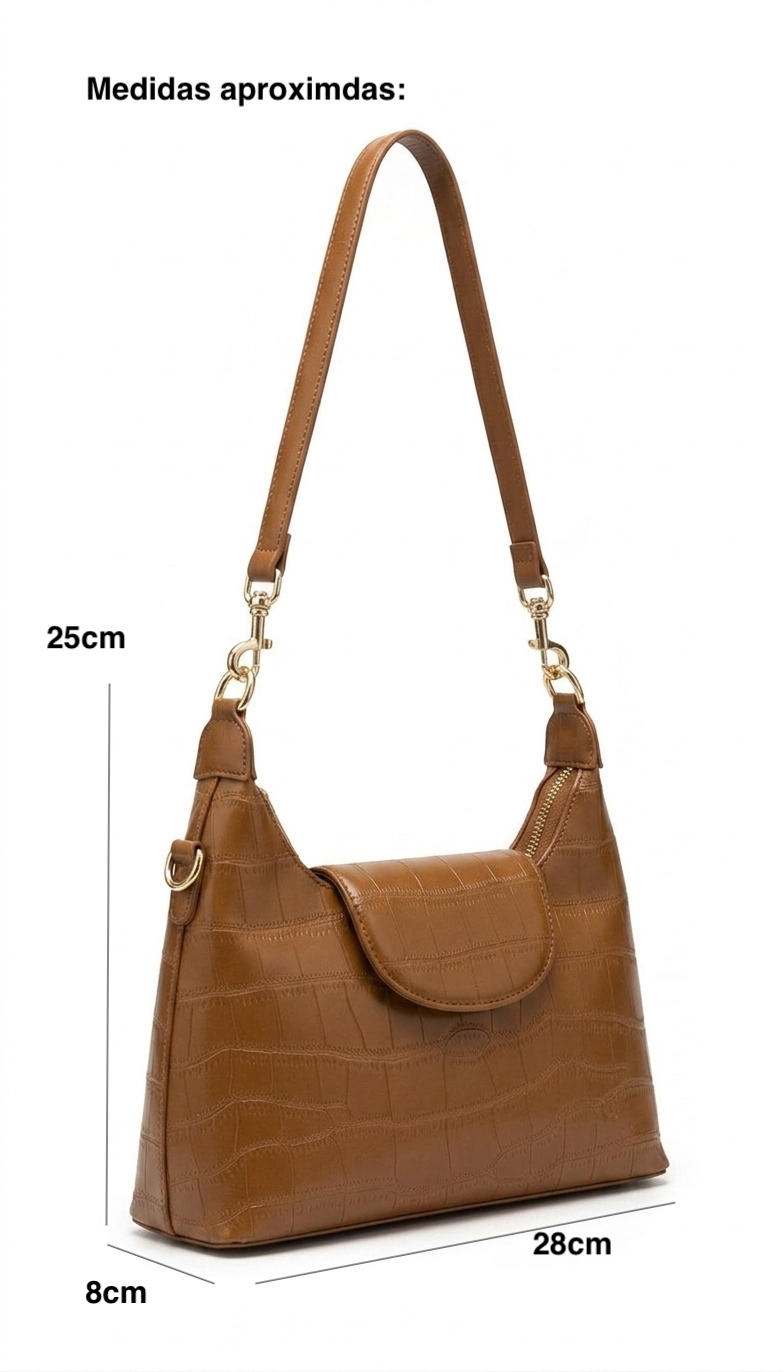 Bolsa de hombro café textura cocodrilo con solapa, botón imán y herrajes dorados – DALALI