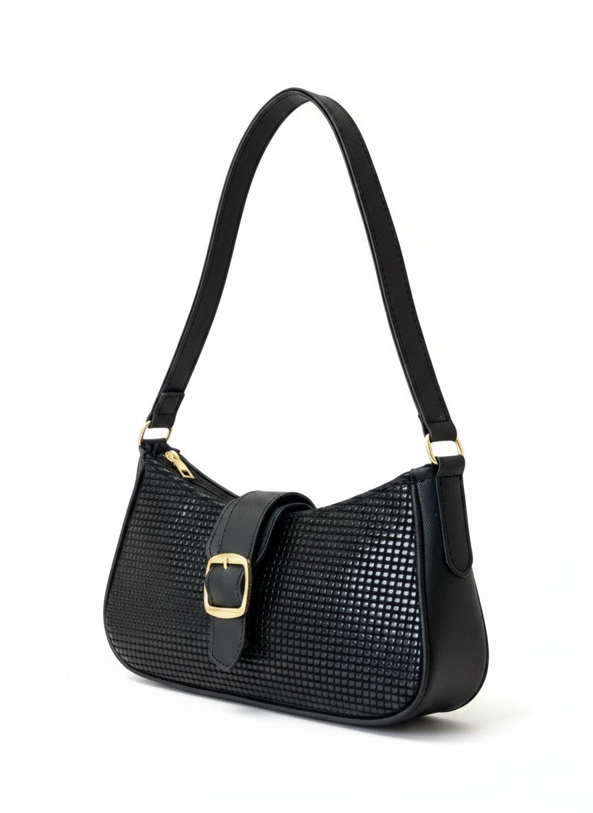 Bolsa de hombro mini negra con textura gamuza, hebilla dorada y cremallera, marca DALALI, 12x5.5x24 cm