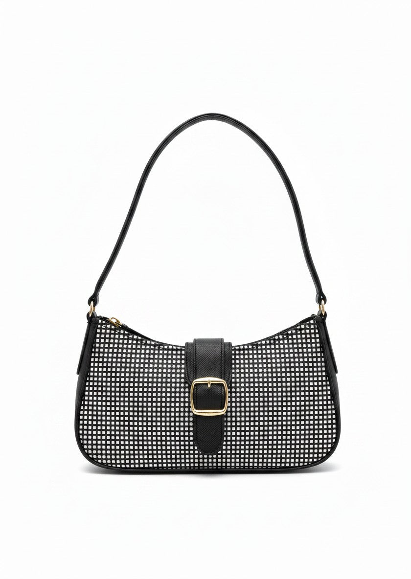 Bolsa de hombro mini negra con textura gamuza, hebilla dorada y cremallera, marca DALALI, 12x5.5x24 cm