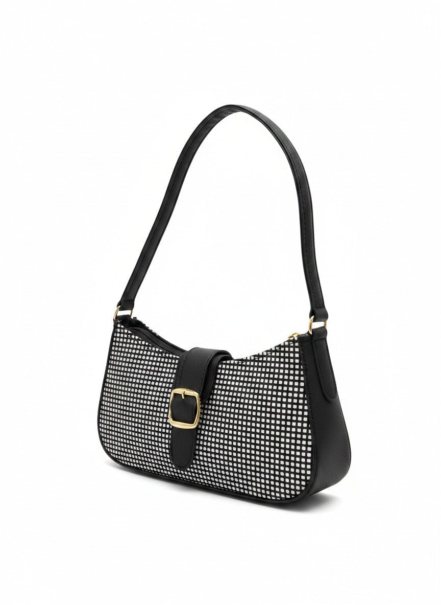 Bolsa de hombro mini con textura gamuza, hebilla dorada y cremallera, marca DALALI, 12x5.5x24 cm