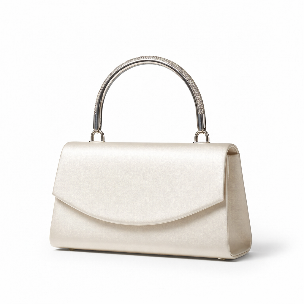 Clutch de noche perla mate con solapa curva y asa rígida plateada tipo pavé – DALALI