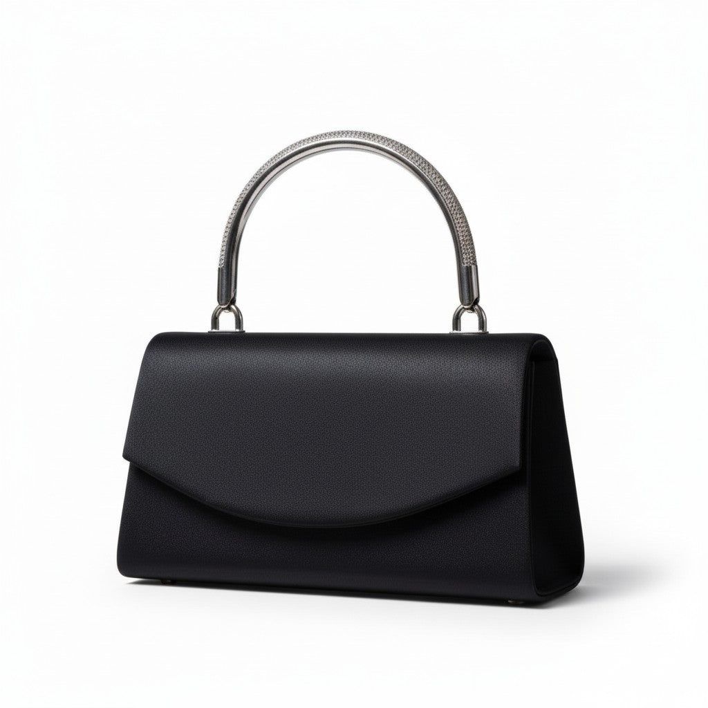 Clutch de noche negro mate con solapa curva y asa rígida plateada tipo pavé – DALALI