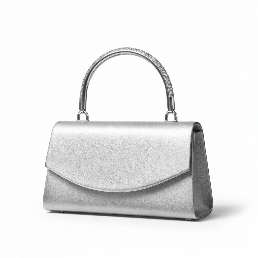 Clutch de noche plata mate con solapa curva y asa rígida plateada tipo pavé – DALALI